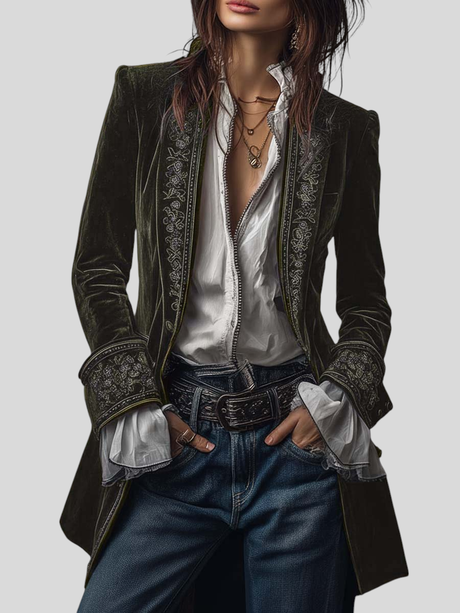 Federica – Vintage Lang Fløjlsjakke Med Broderier