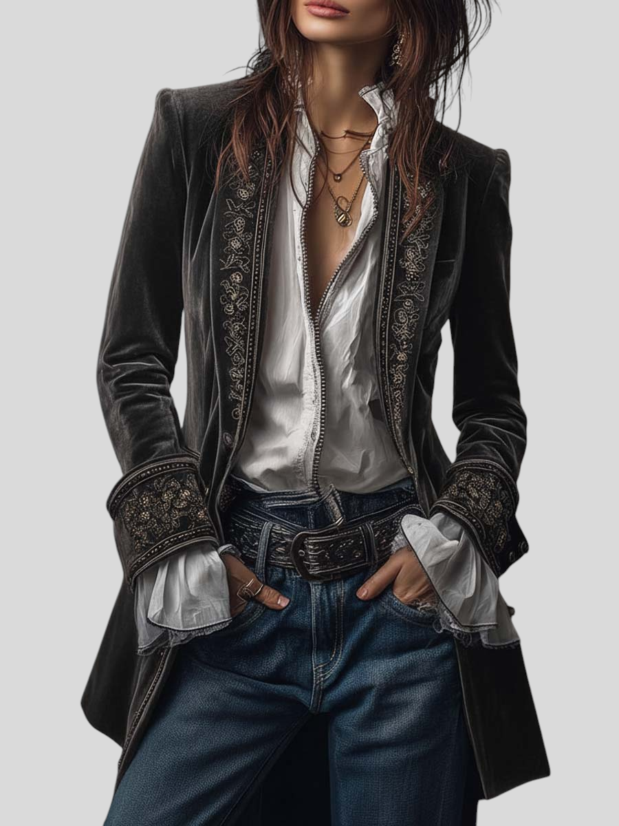 Federica – Vintage Lang Fløjlsjakke Med Broderier